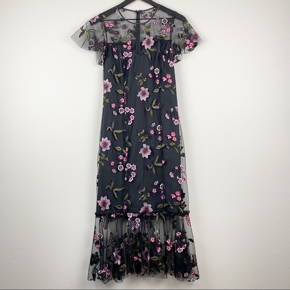 Shoshanna Black Illusion Short Sleeve Floral Embroidered Tiered Maxi Dress